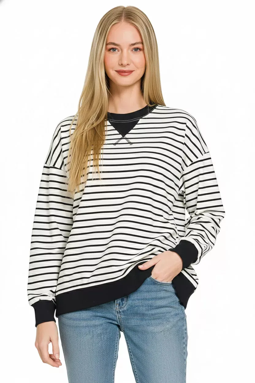Zenana Contrast Striped Round Neck Sweatshirt sold by Charming Charlie product image thumbnail 3