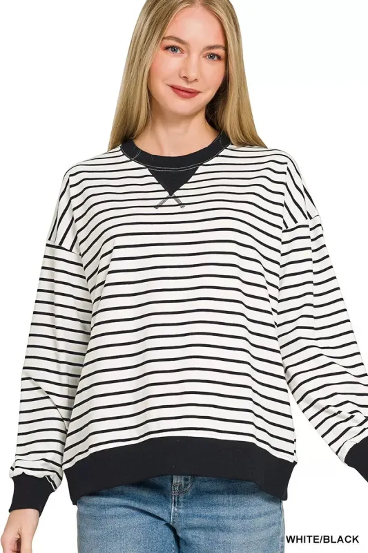 Zenana Contrast Striped Round Neck Sweatshirt sold by Charming Charlie