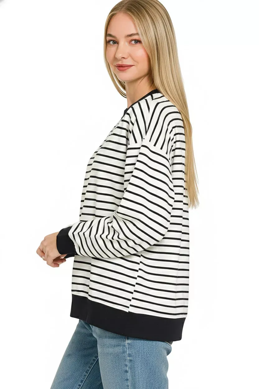 Zenana Contrast Striped Round Neck Sweatshirt sold by Charming Charlie product image thumbnail 2