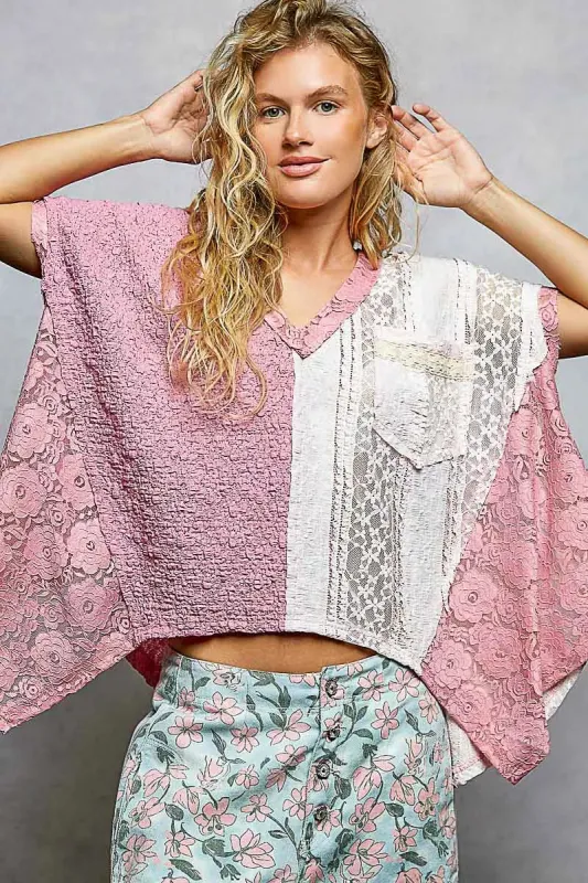 POL Asymmetrical V-Neck Short Sleeve Lace Top sold by Charming Charlie