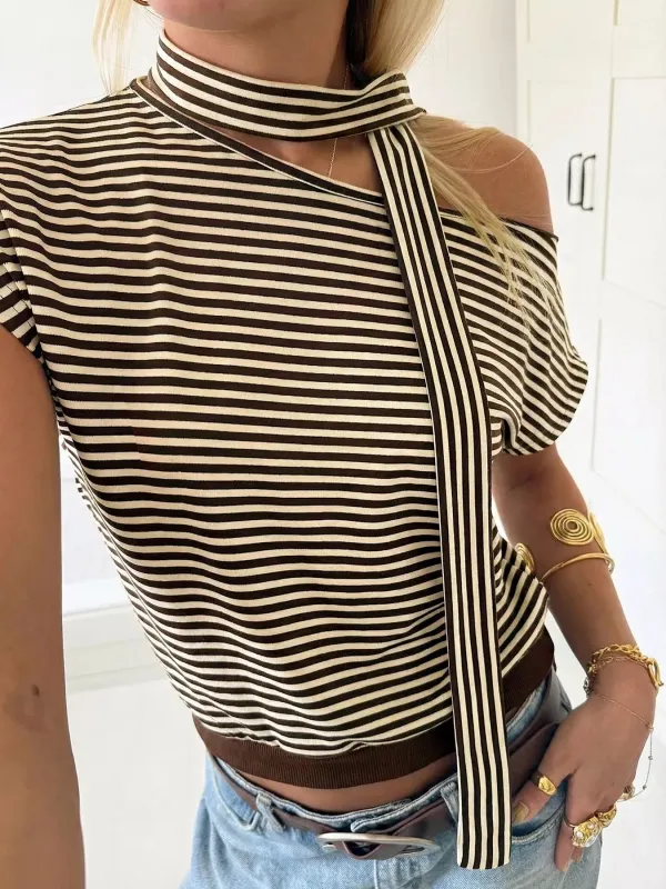 Striped Single Shoulder T-Shirt sold by Charming Charlie