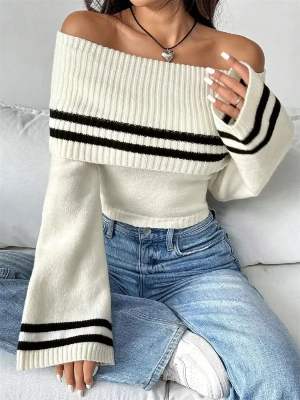 Off-Shoulder Striped Flare Sleeve Sweater sold by Charming Charlie