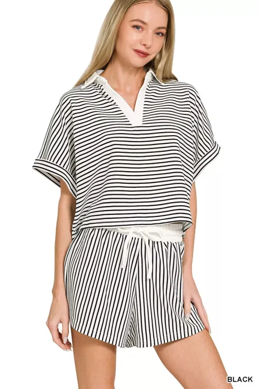 Zenana Striped Collared Top & Shorts Set sold by Charming Charlie