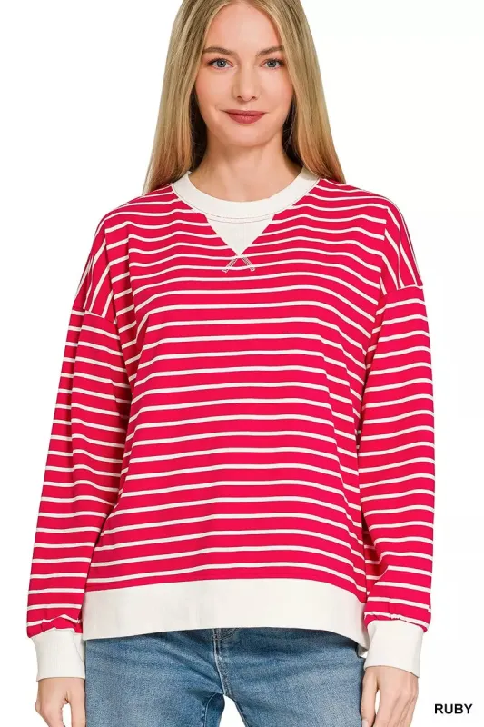 Zenana Contrast Striped Round Neck Sweatshirt sold by Charming Charlie