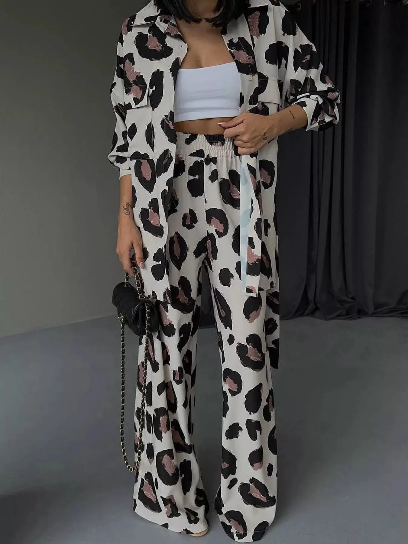 Leopard Print Relaxed Fit Shirt and Pants Two-Piece Set sold by Charming Charlie