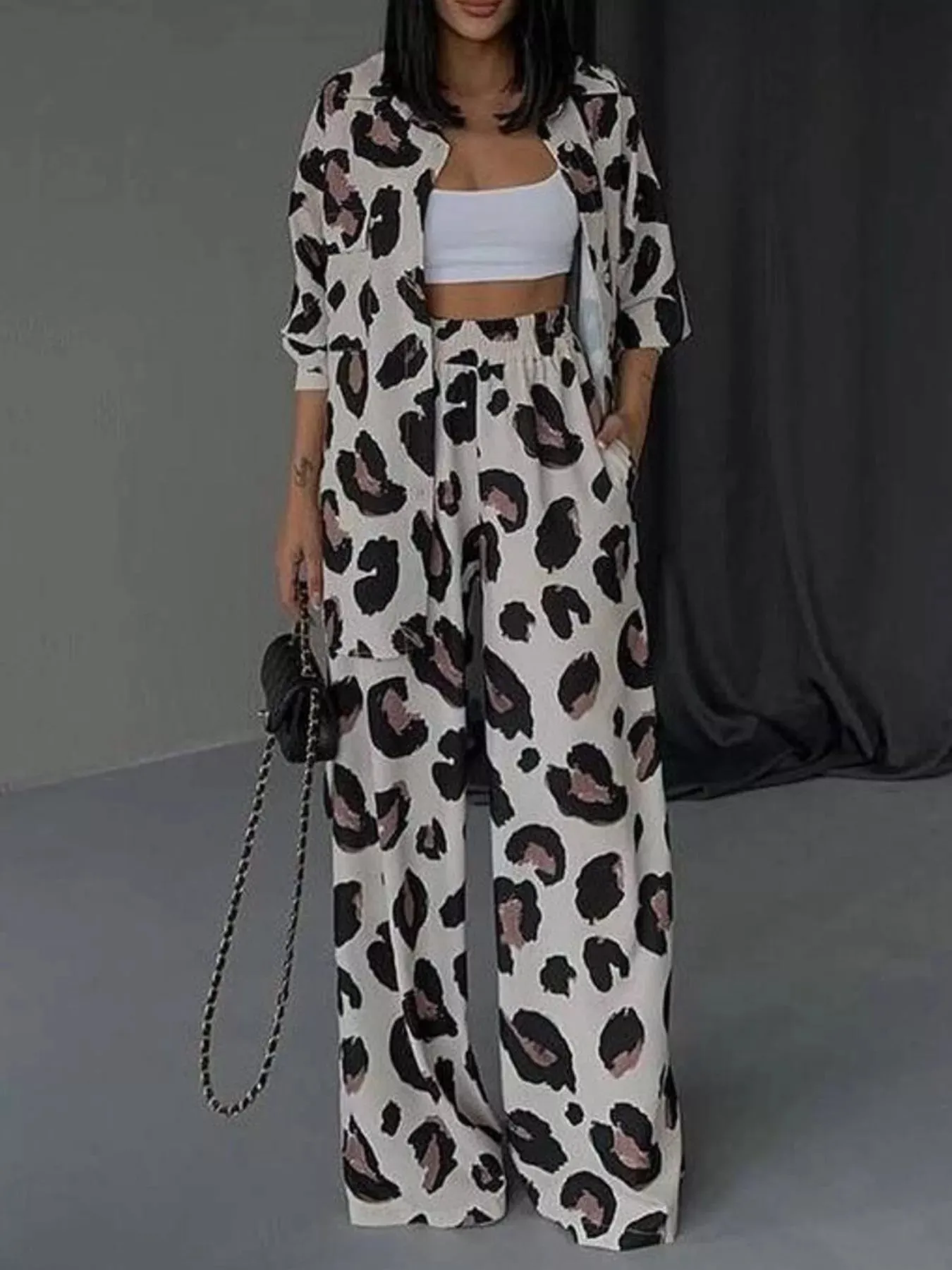 Leopard Print Relaxed Fit Shirt and Pants Two-Piece Set sold by Charming Charlie product image thumbnail 2