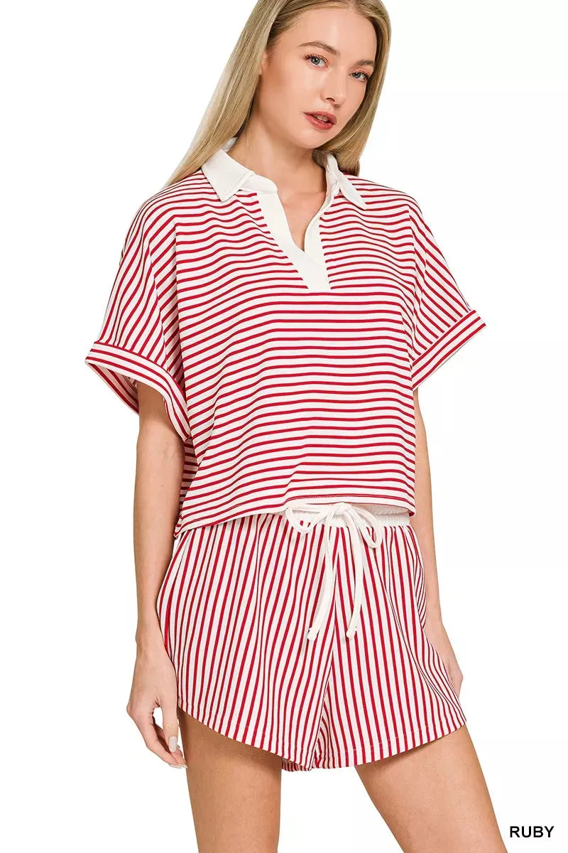 Zenana Striped Collared Top & Shorts Set sold by Charming Charlie