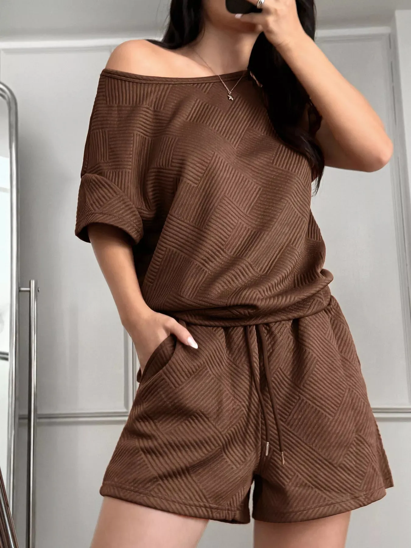 Textured Knit Round Neck Top and Shorts Set sold by Charming Charlie product image thumbnail 3