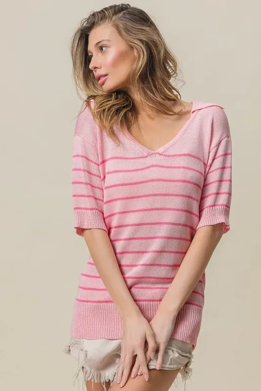 BiBi Stripe Short Sleeves Collared V Neck Top sold by Charming Charlie