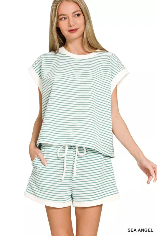 Zenana Stripe Contrast Trim Top & Shorts Set sold by Charming Charlie