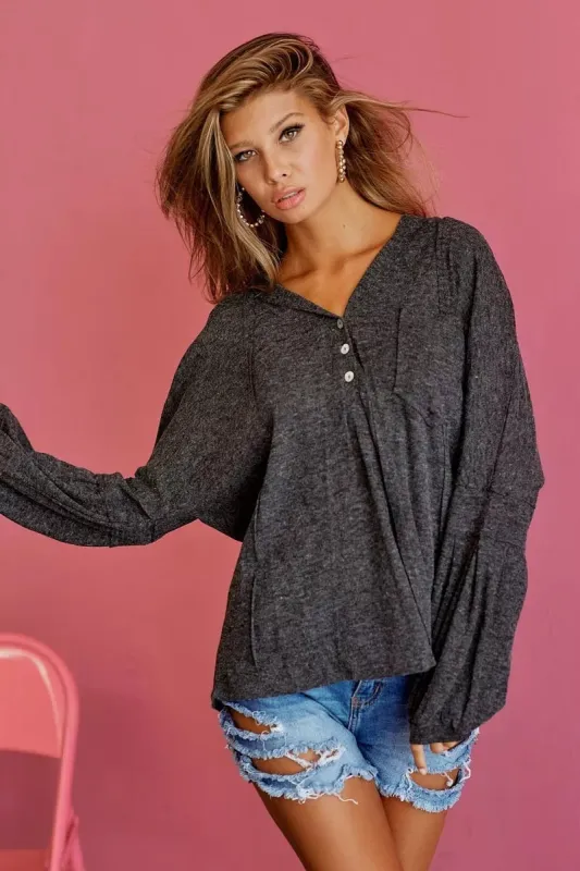 BiBi Textured Knit Hoodie with Buttoned Placket sold by Charming Charlie