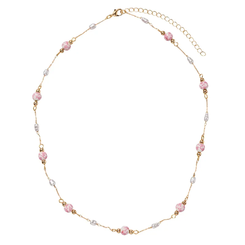 Pink Floral Bead and Pearl Stations Paperclip Necklace made by Charming Charlie