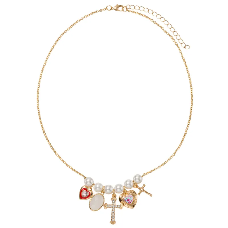 Pearl Bar with Heart, Stone, Cross, Heart, Cross Charm O Chain Necklace made by Charming Charlie