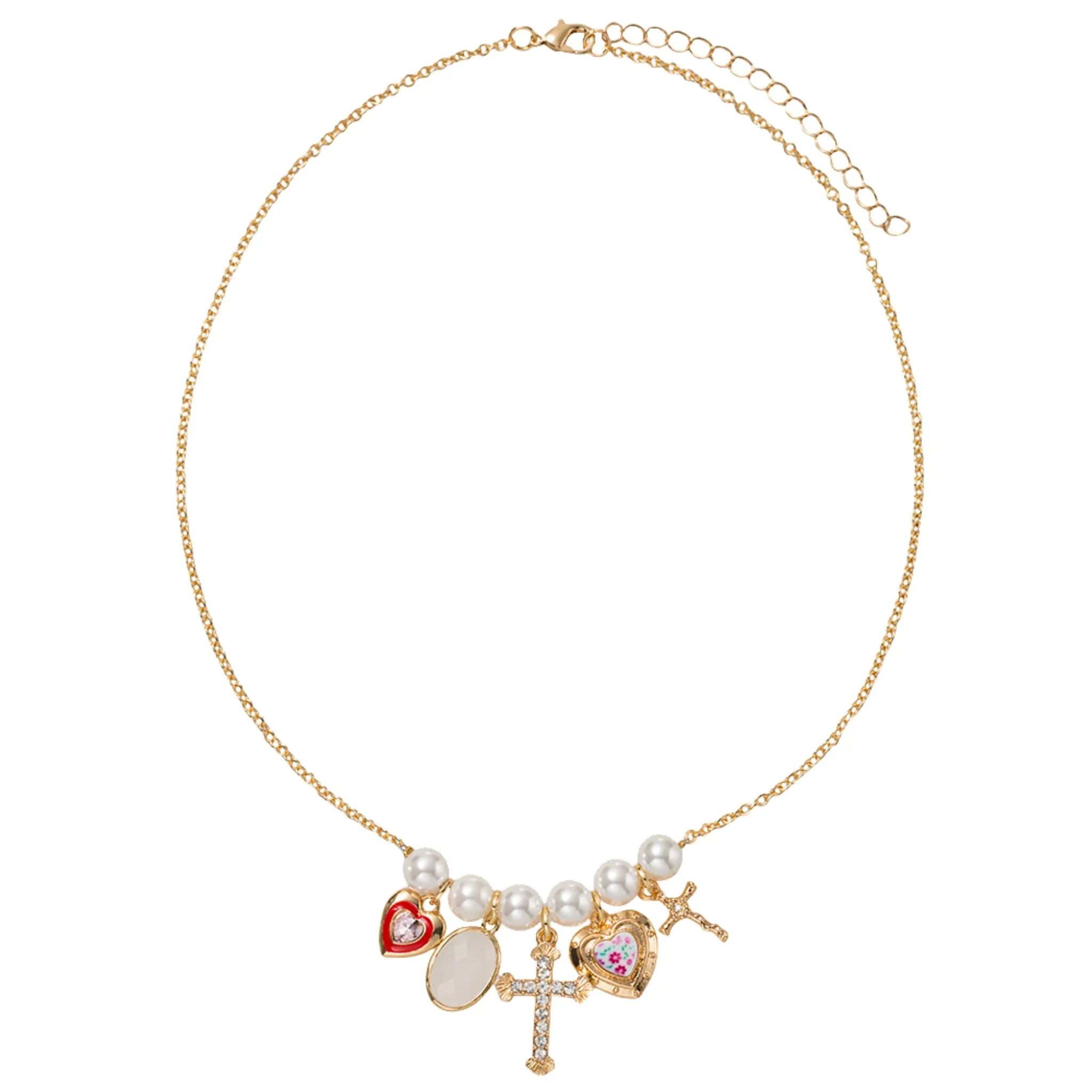 Pearl Bar with Heart, Stone, Cross, Heart, Cross Charm O Chain Necklace sold by Charming Charlie