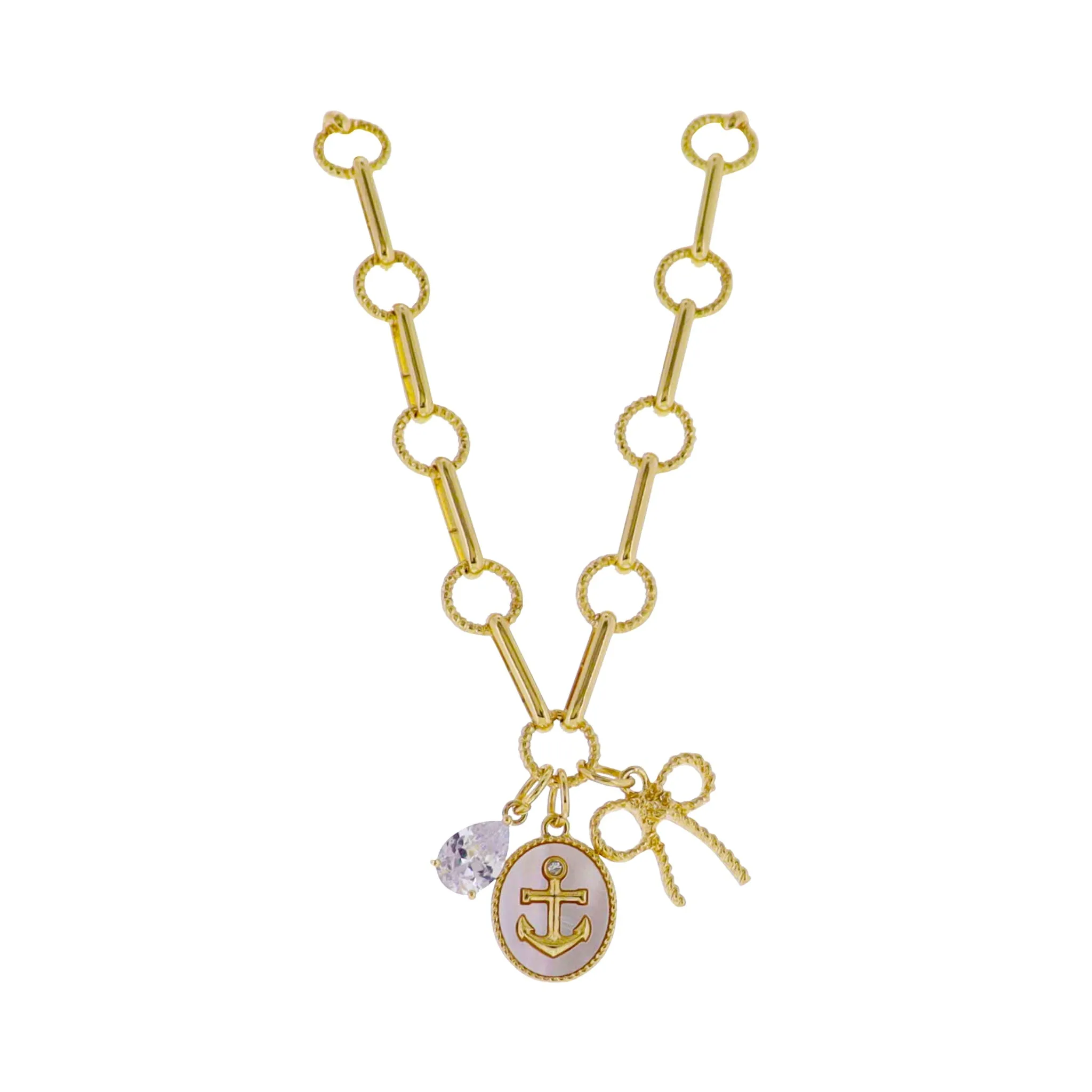18k Gold Plated Round Disk, Oval Link Chain Necklace with Bow, Anchor, Crystal Teardrop sold by Charming Charlie