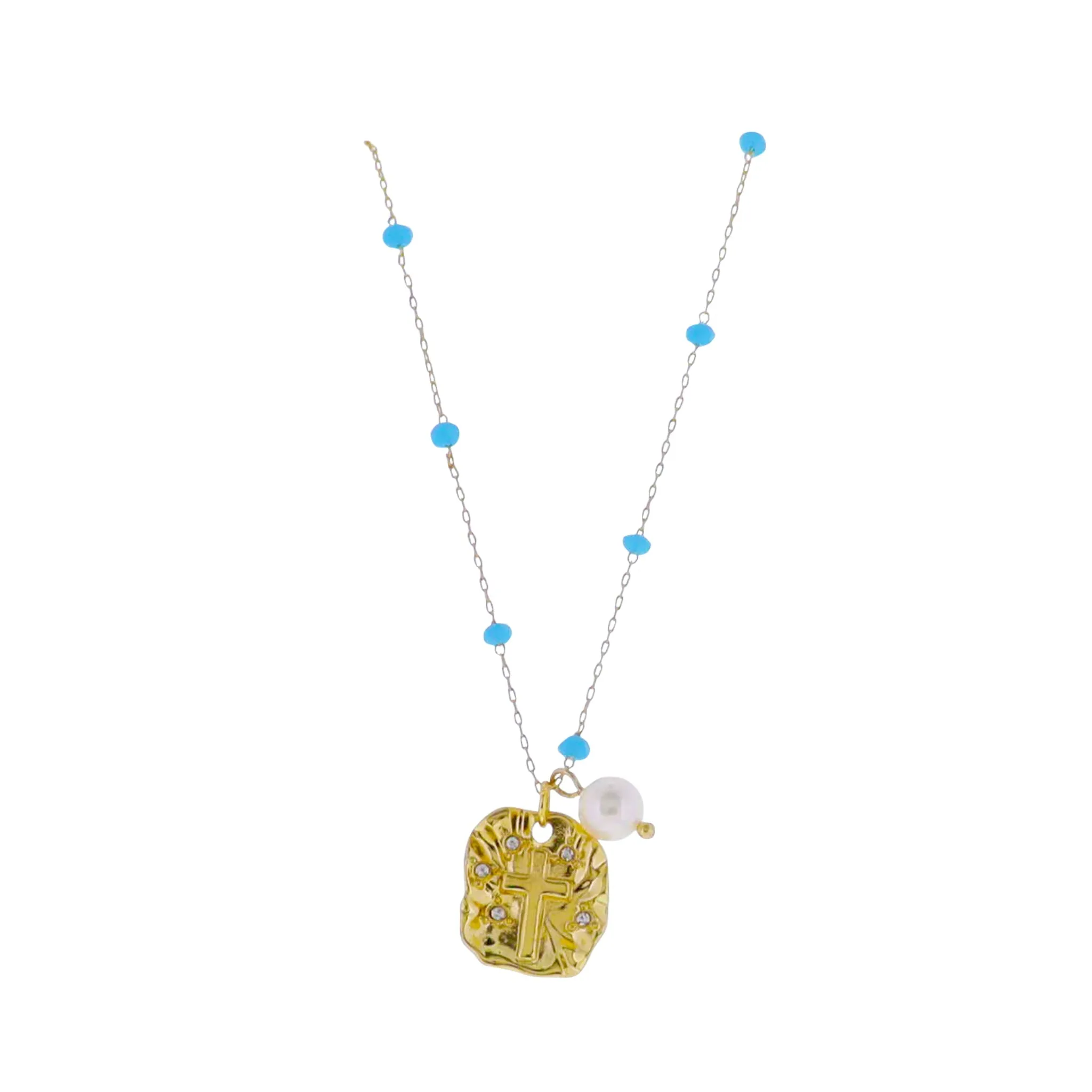 18k Gold Plated Chain with Blue Faceted Bead Stations Necklace with Plate with Cross, Pearl sold by Charming Charlie