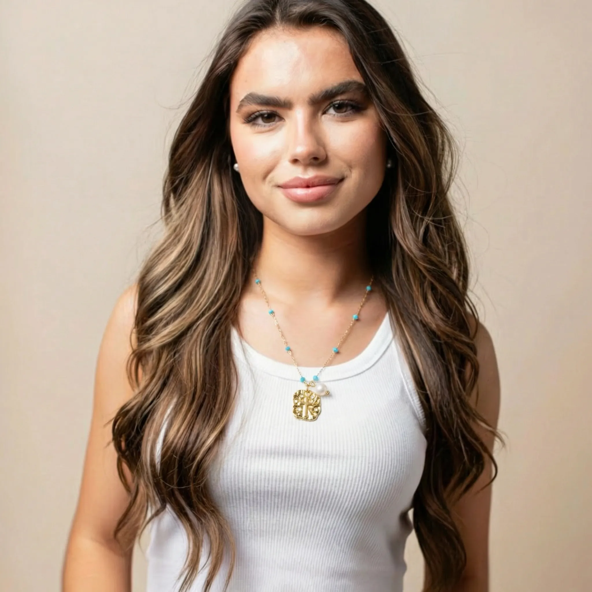 18k Gold Plated Chain with Blue Faceted Bead Stations Necklace with Plate with Cross, Pearl sold by Charming Charlie product image thumbnail 2