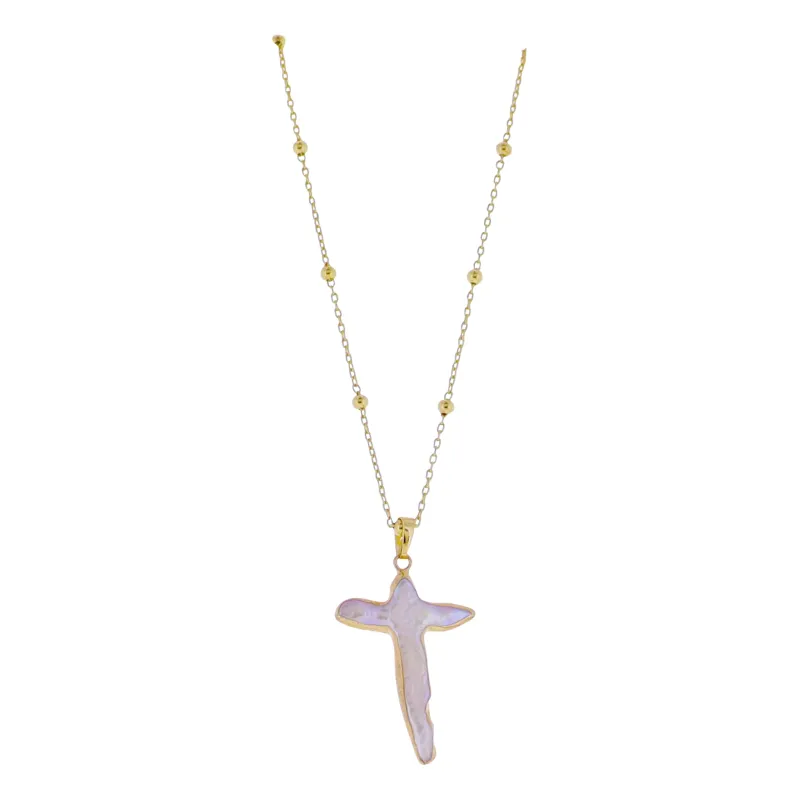 18k Gold Plated Ball Station Chain Necklace with Electroplated Pearl Cross sold by Charming Charlie