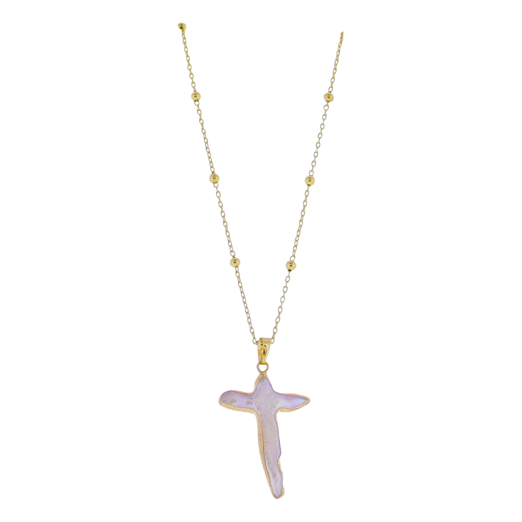 18k Gold Plated Ball Station Chain Necklace with Electroplated Pearl Cross sold by Charming Charlie