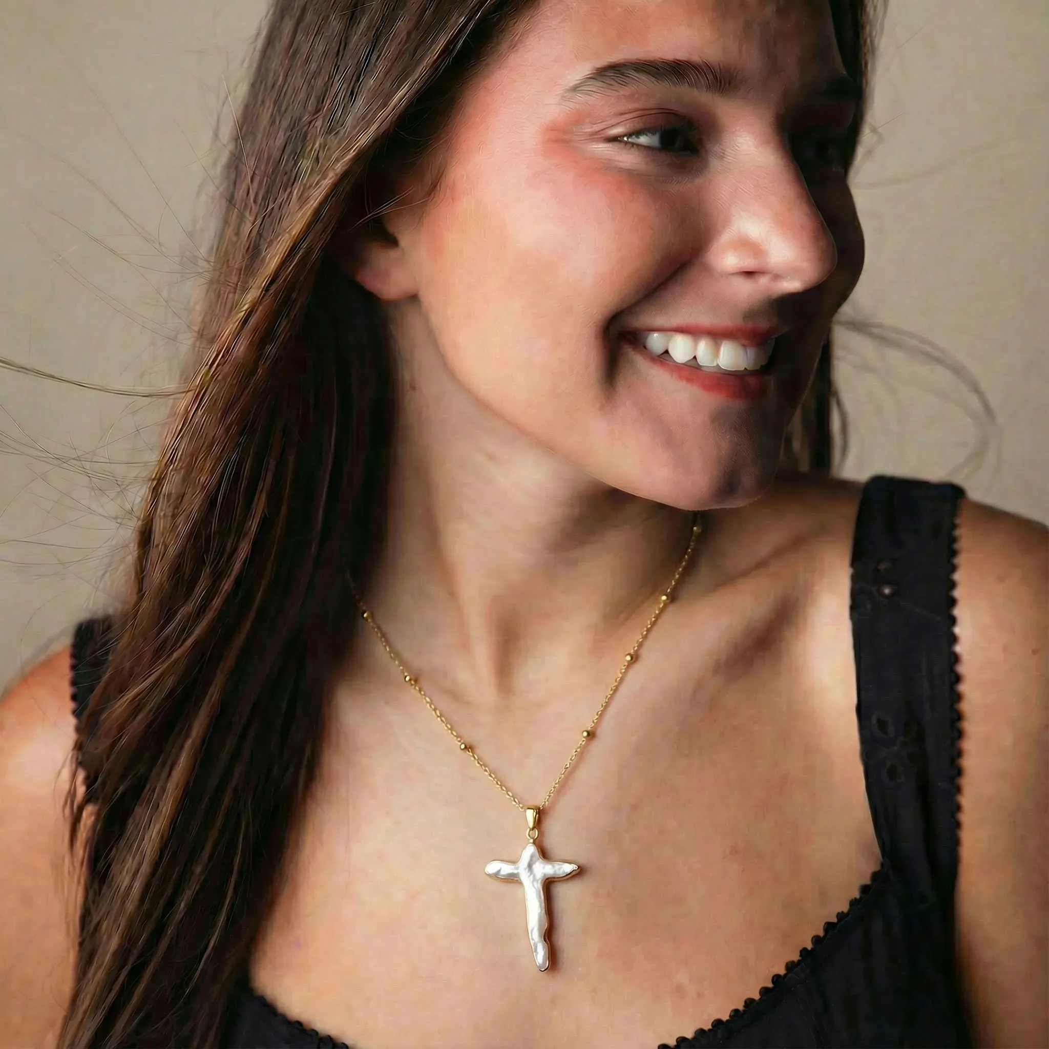 18k Gold Plated Ball Station Chain Necklace with Electroplated Pearl Cross sold by Charming Charlie product image thumbnail 2