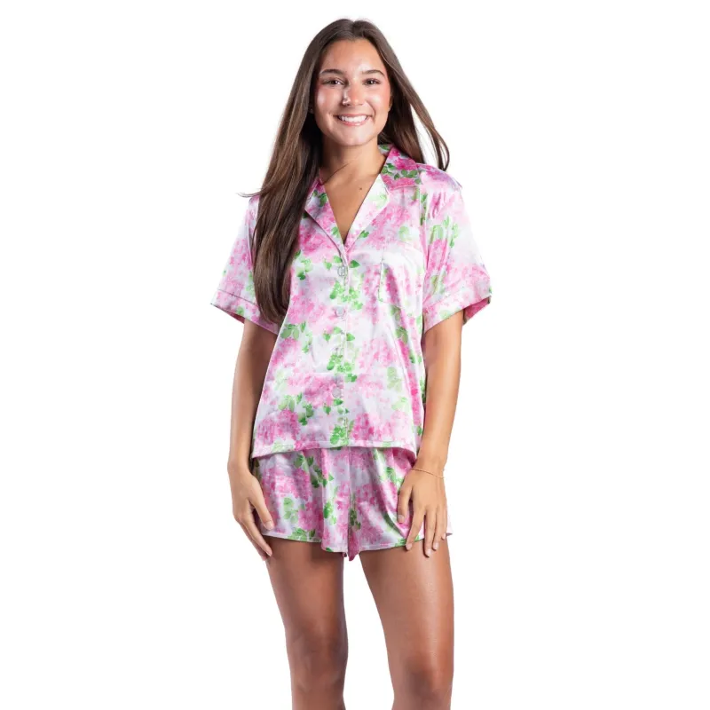 Darling Hydrangea Satin Pajama Short Set sold by Charming Charlie
