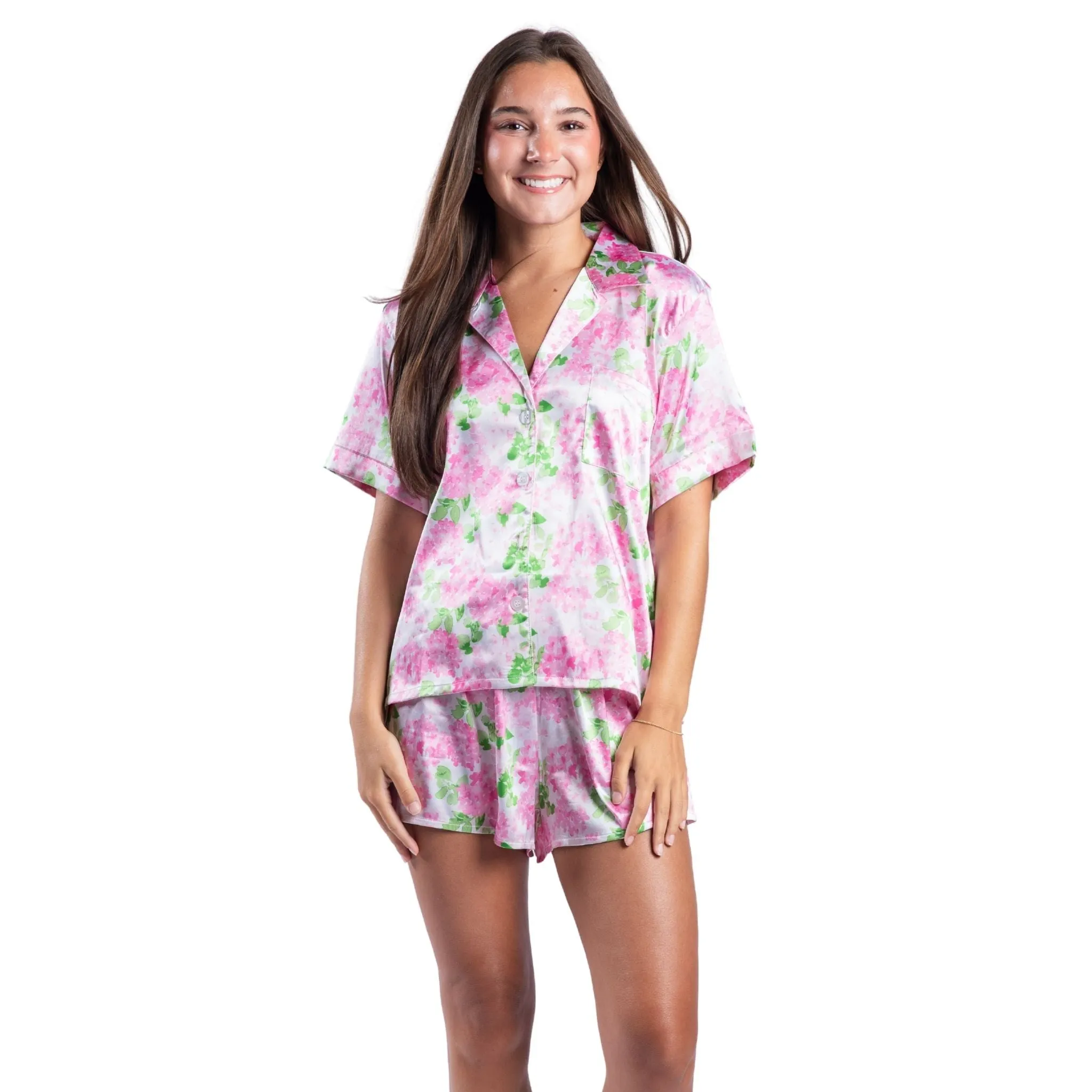 Darling Hydrangea Satin Pajama Short Set sold by Charming Charlie