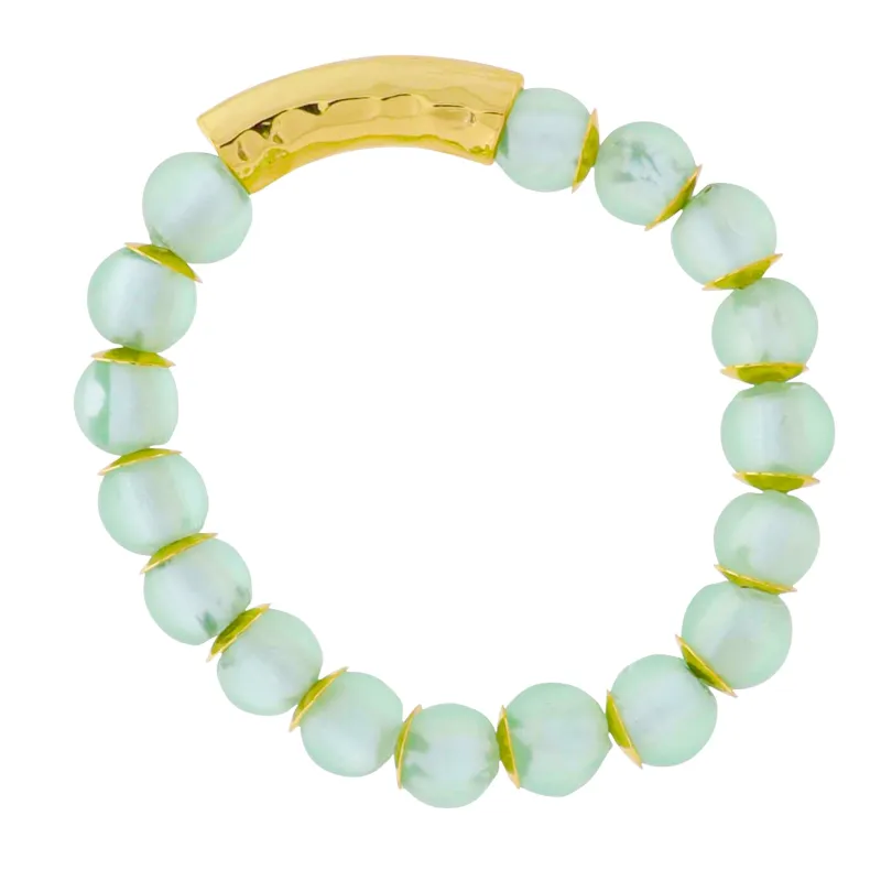 18k Gold Plated Mint Tumbled Glass Beaded Stretch Bracelet with Gold Hammered Bar sold by Charming Charlie