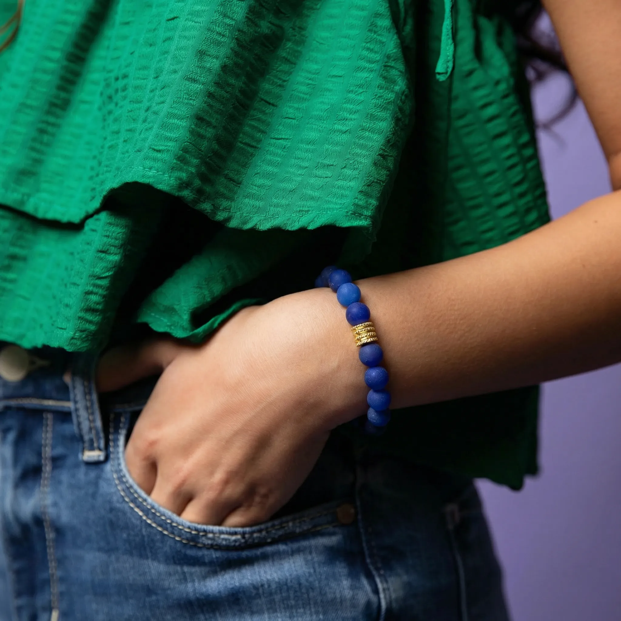 18k Gold Plated Navy Semi Precious Beaded Stretch Bracelet with Gold Decorative Rondelle sold by Charming Charlie product image thumbnail 2