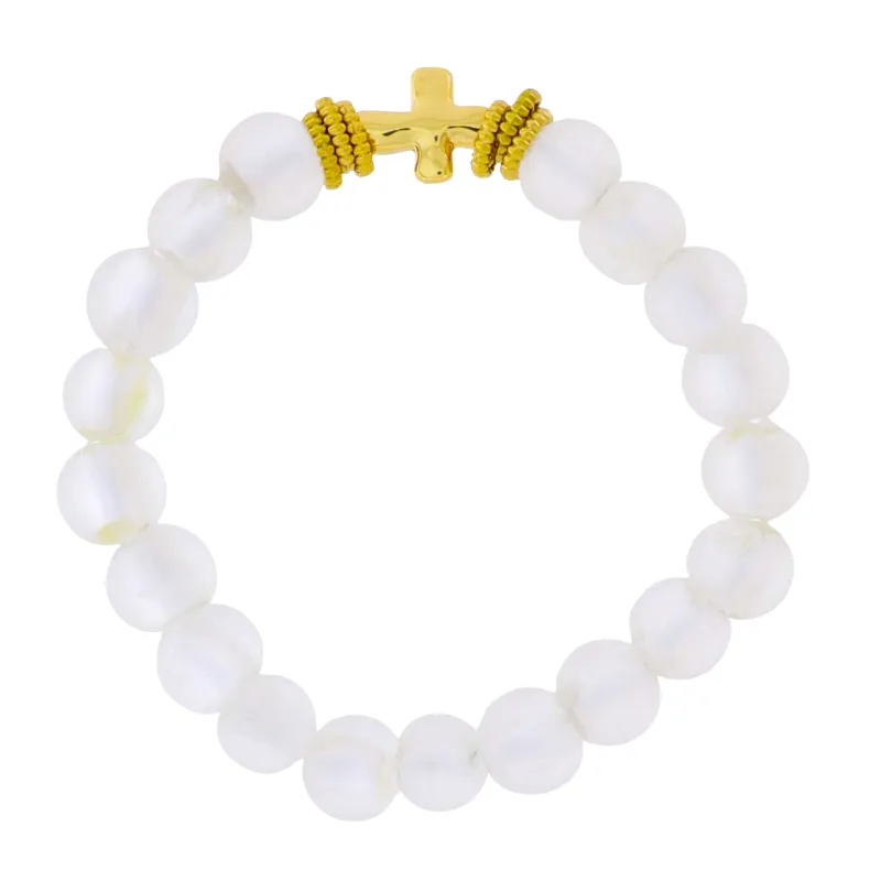 18k Gold Plated Clear Tumbled Glass Beaded Stretch Bracelet with Gold Cross sold by Charming Charlie