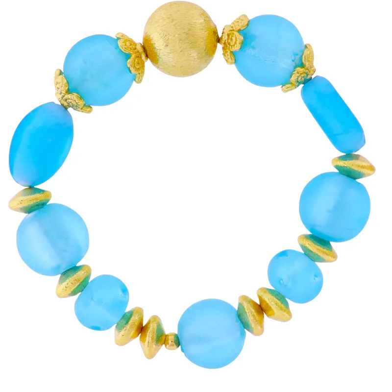 18k Gold Plated Blue Tumbled Glass Beaded Stretch Bracelet with Gold Ball and Spacers sold by Charming Charlie