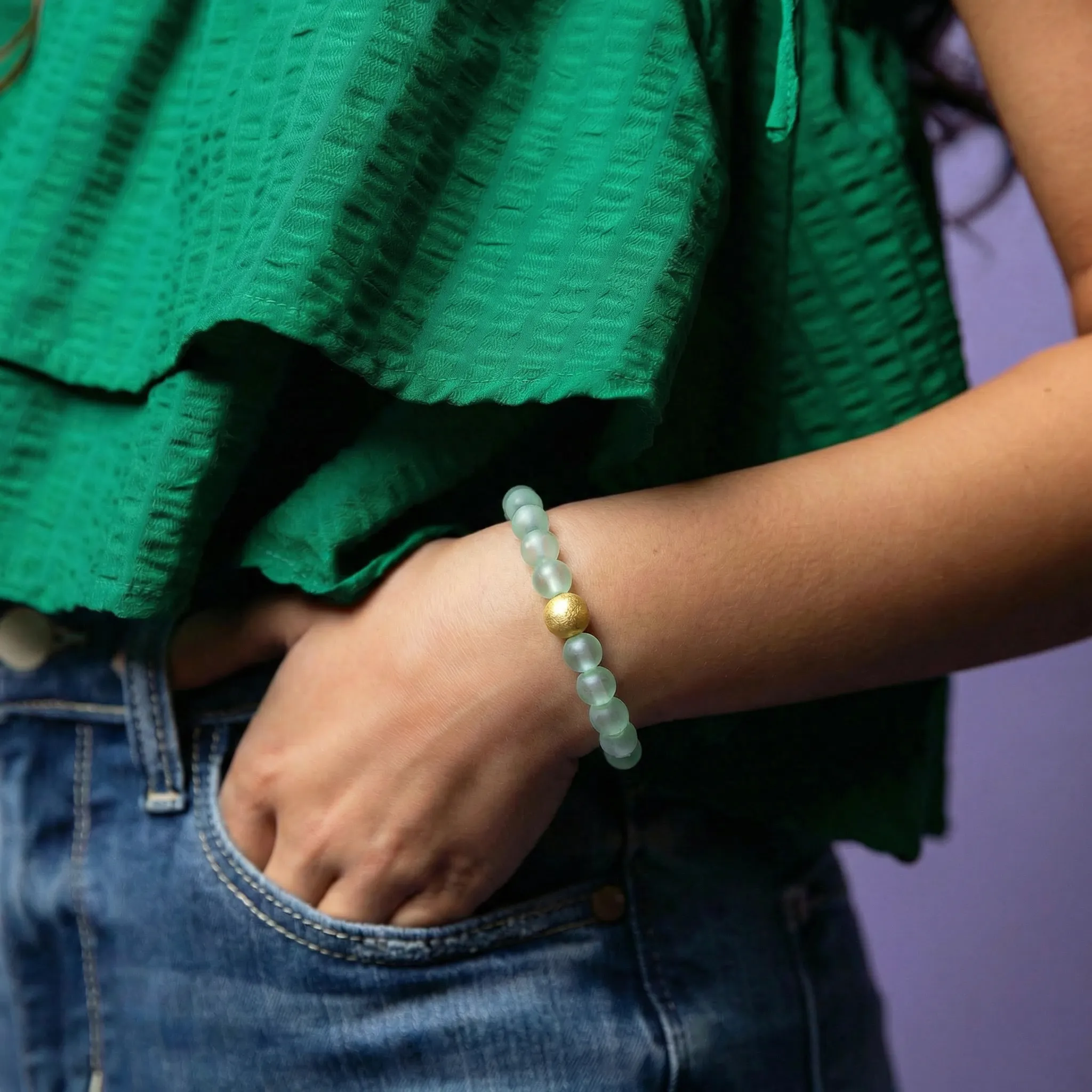 18k Gold Plated Mint Tumbled Glass Beaded Stretch Bracelet with Gold Textured Ball sold by Charming Charlie product image thumbnail 2