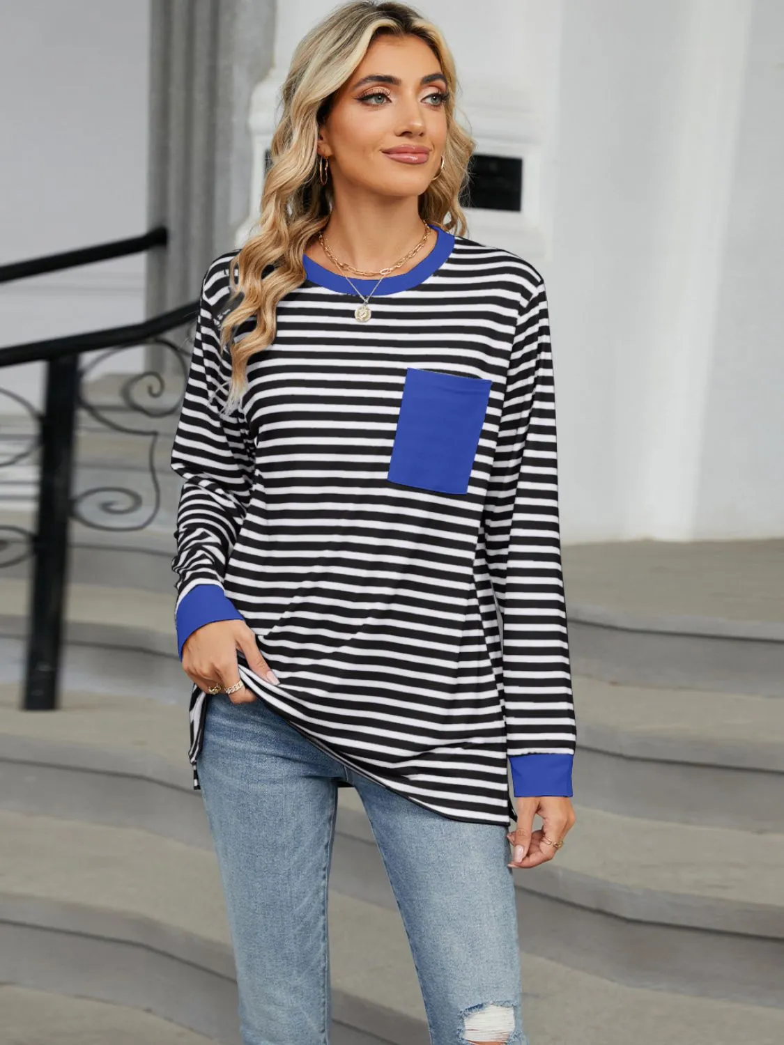 Pocketed Striped Round Neck Long Sleeve T-Shirt sold by Charming Charlie