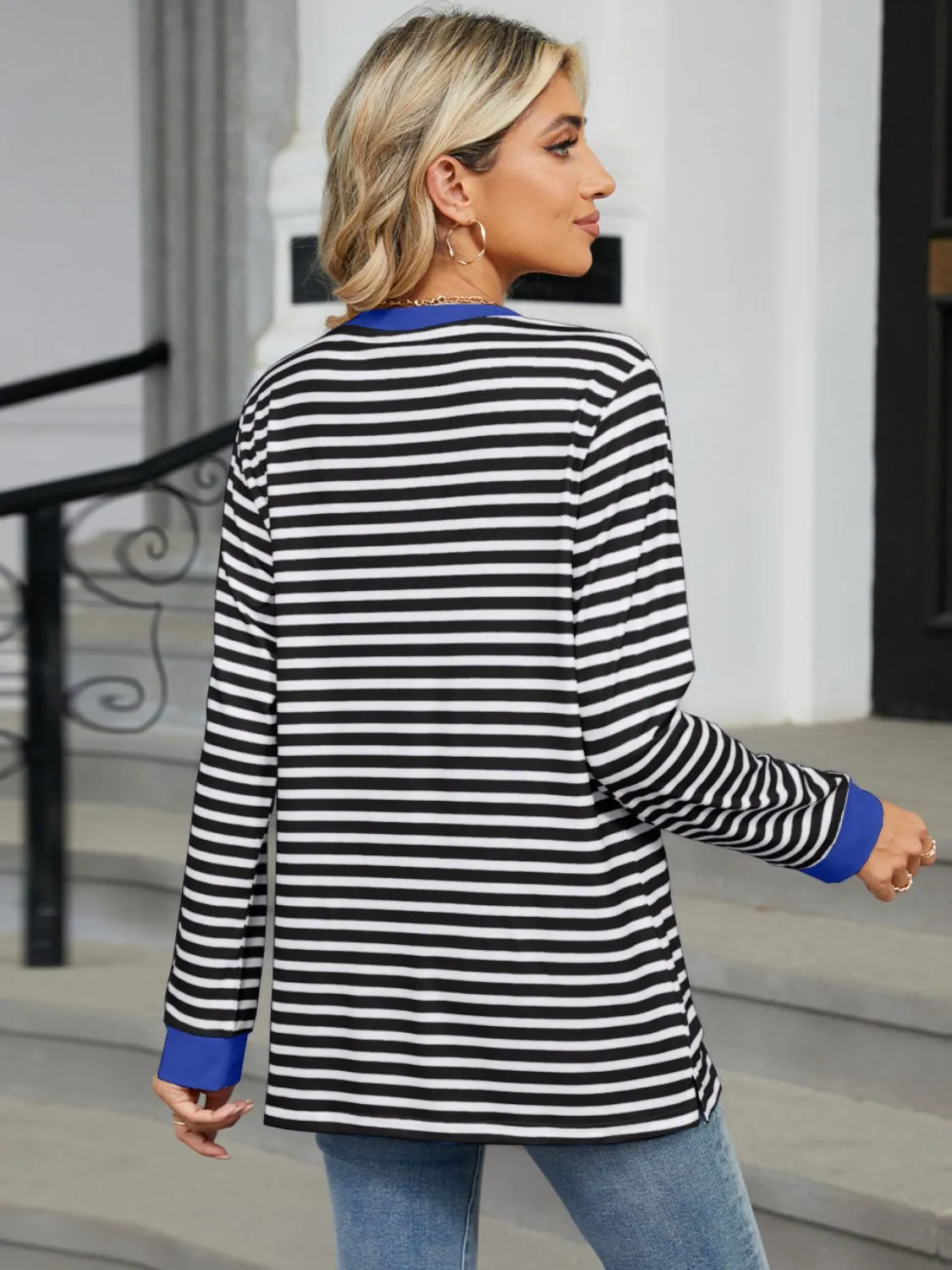 Pocketed Striped Round Neck Long Sleeve T-Shirt sold by Charming Charlie product image thumbnail 2