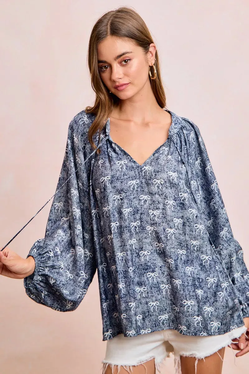 BiBi Ribbon Bow Print Exaggerated Balloon Sleeves Top sold by Charming Charlie product image thumbnail 4