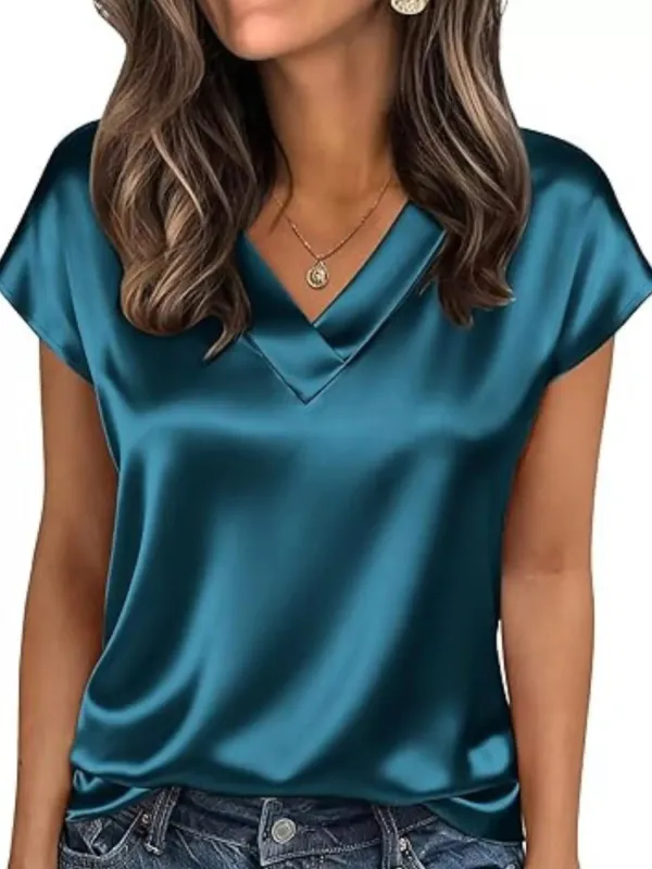 Satin V-Neck Short Sleeve Blouse sold by Charming Charlie