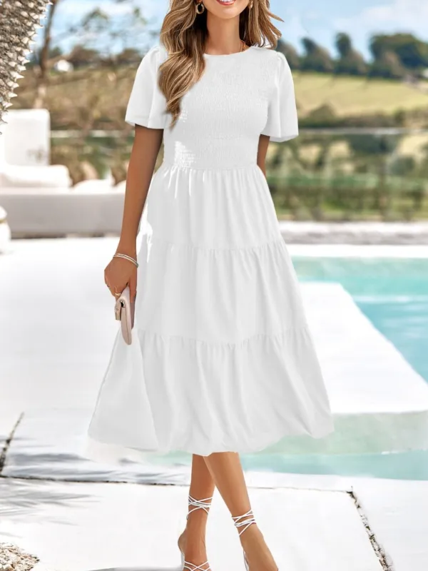 Smocked Tiered Short Sleeve Midi Dress sold by Charming Charlie