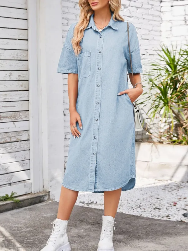 Casual Button-Down Half Sleeve Denim Dress made by Trendsi
