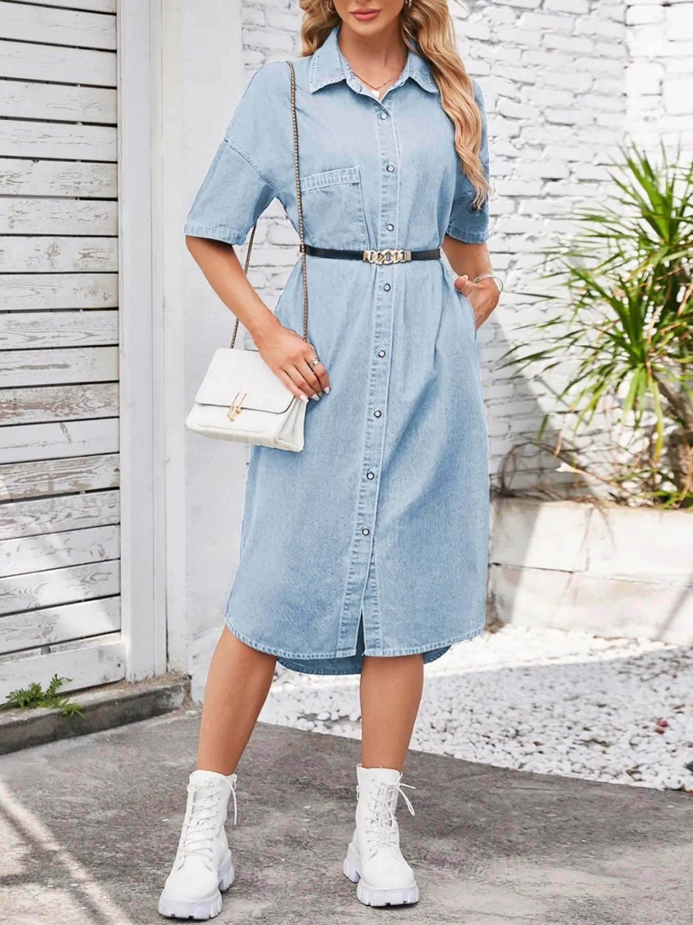 Casual Button-Down Half Sleeve Denim Dress sold by Charming Charlie product image thumbnail 3