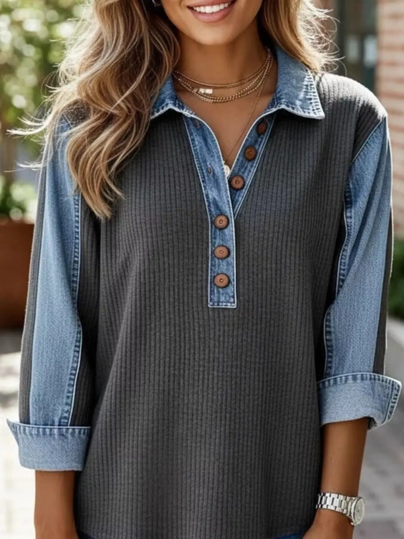 Denim Trim Button Detail Sweatshirt sold by Charming Charlie product image thumbnail 2