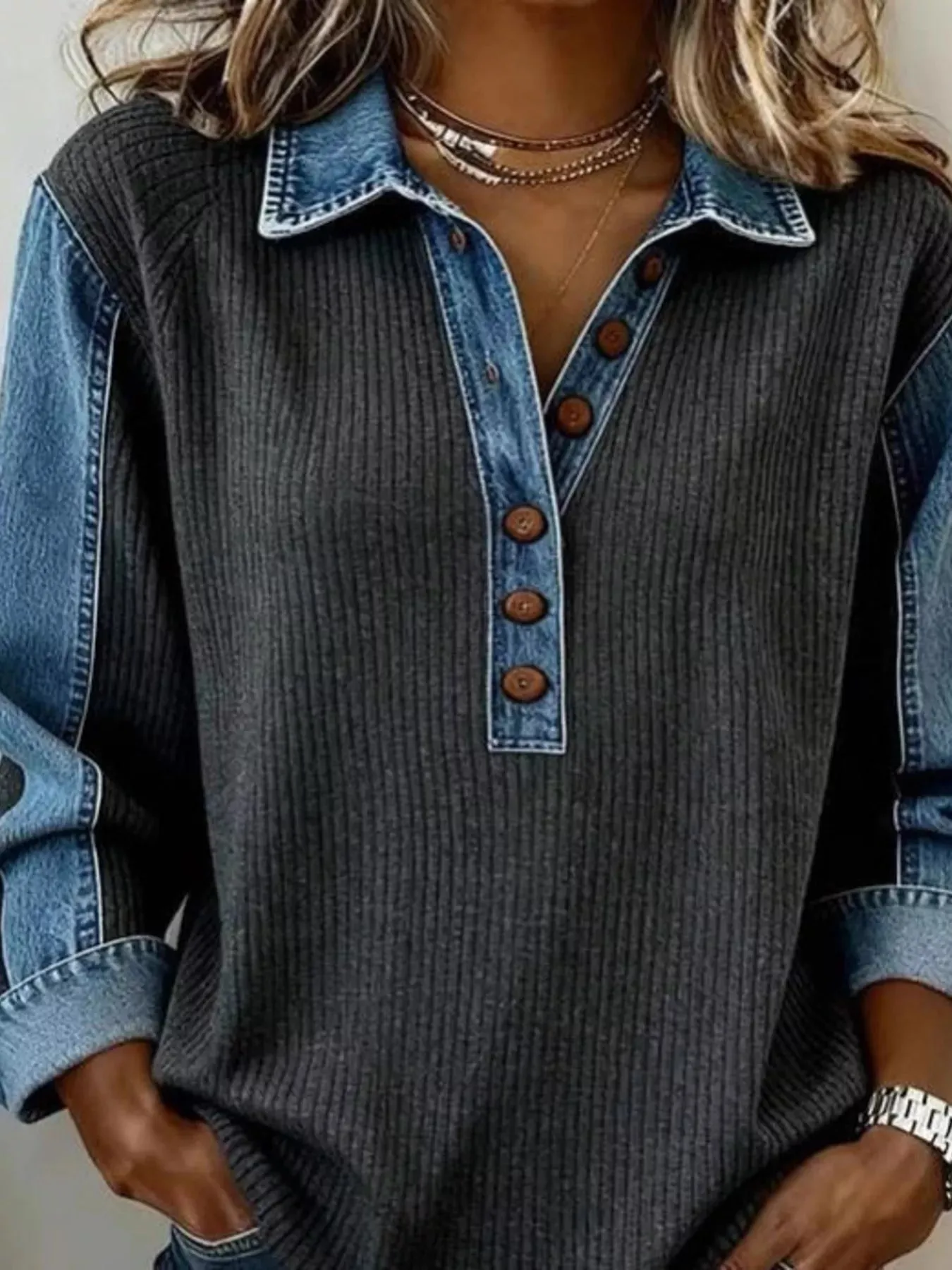 Denim Trim Button Detail Sweatshirt sold by Charming Charlie product image thumbnail 3