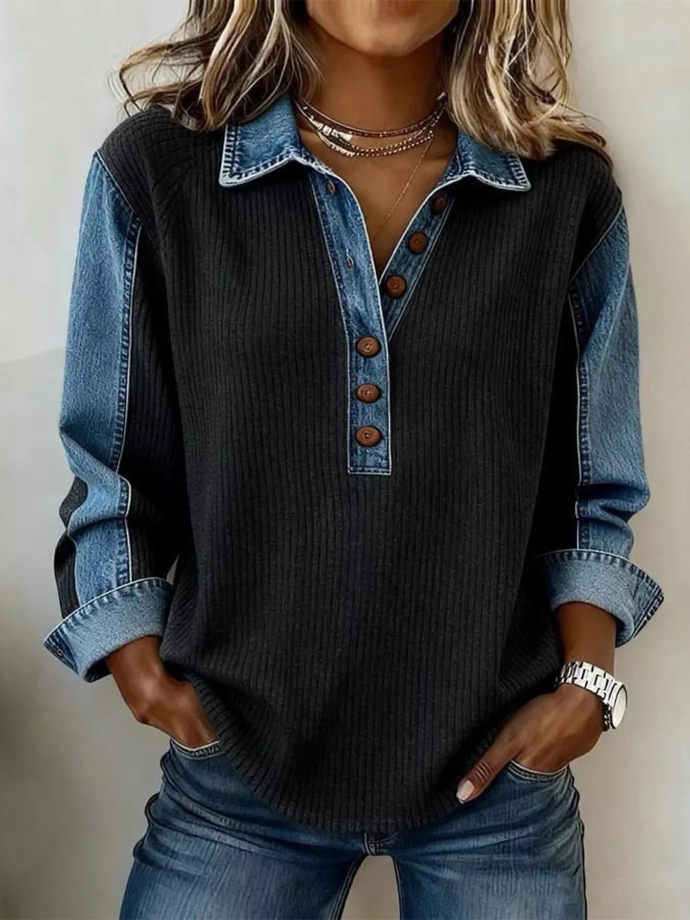 Denim Trim Button Detail Sweatshirt sold by Charming Charlie product image thumbnail 4