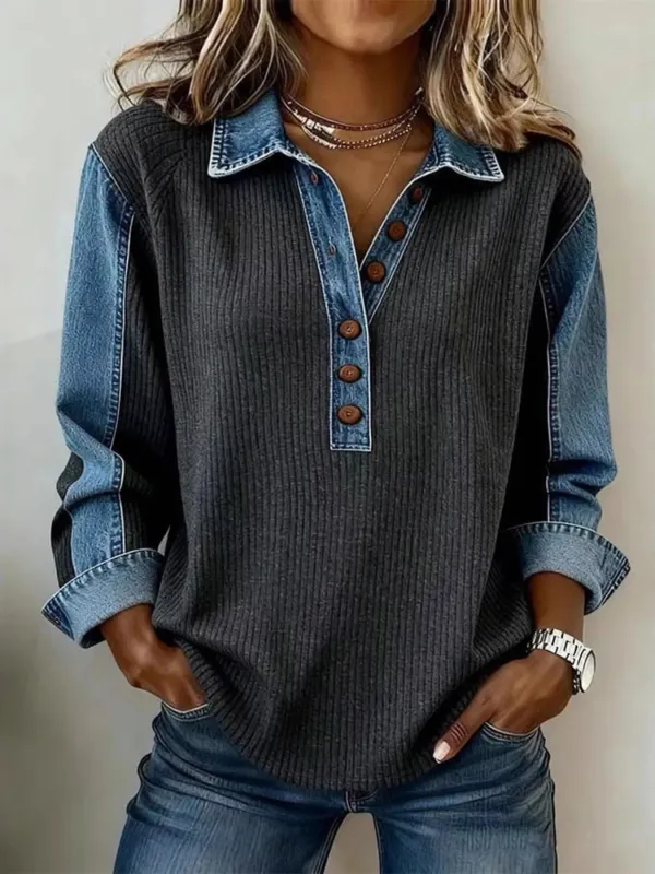 Denim Trim Button Detail Sweatshirt sold by Charming Charlie