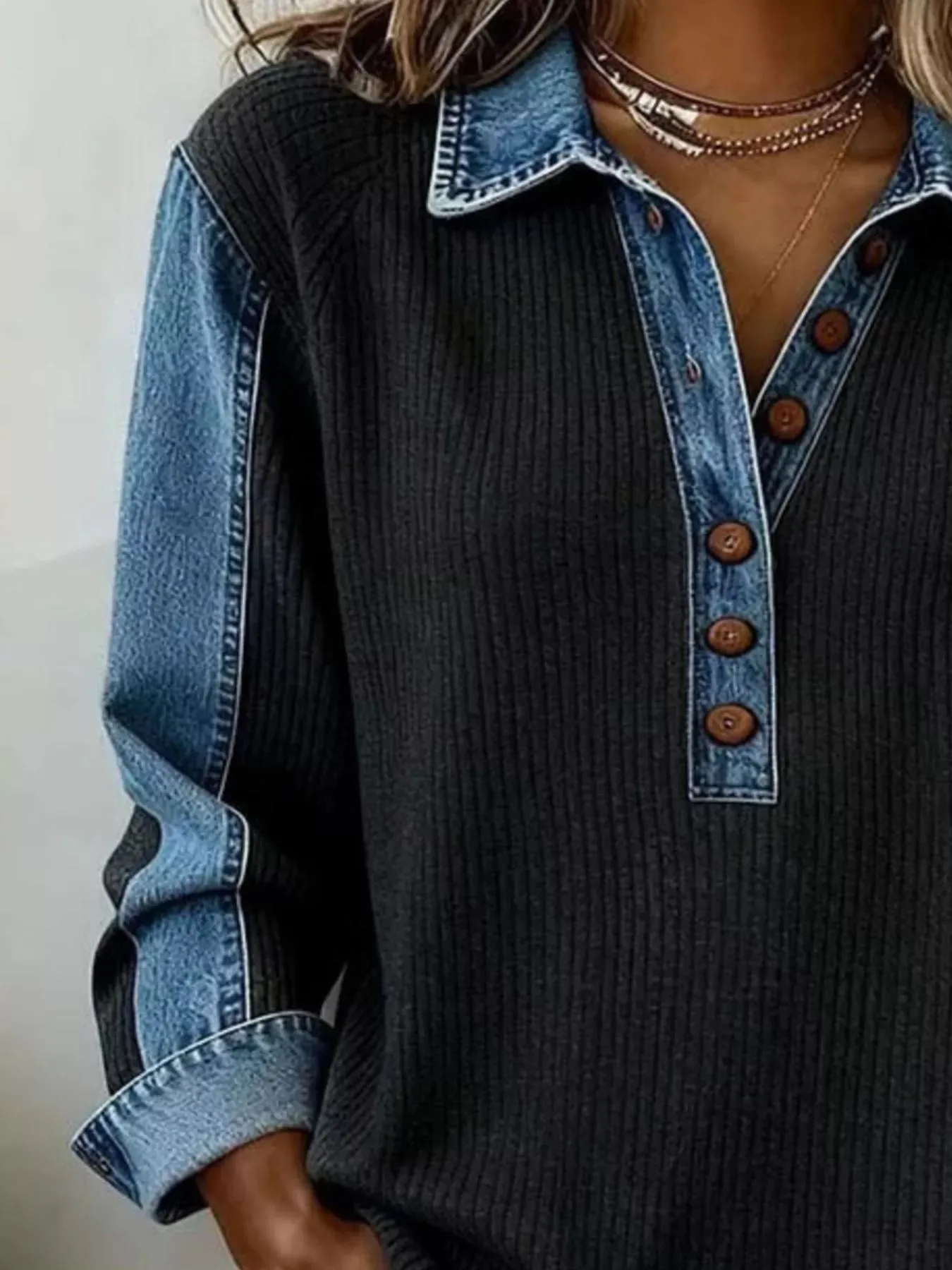 Denim Trim Button Detail Sweatshirt sold by Charming Charlie product image thumbnail 5