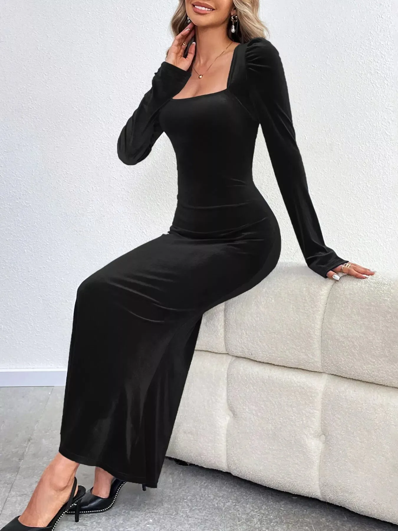 Velvet Square Neck Long Sleeve Mermaid Dress sold by Charming Charlie product image thumbnail 3