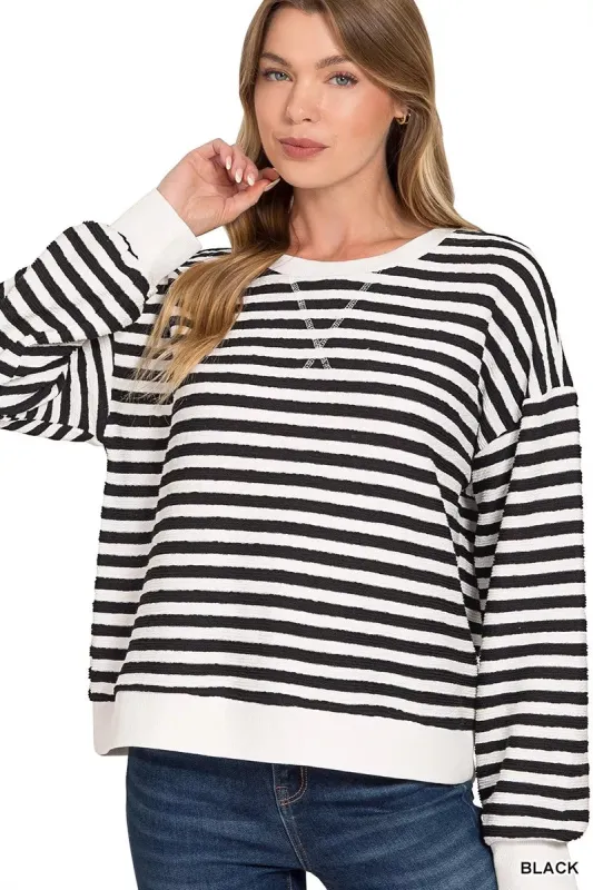 Zenana Striped Round Neck Sweatshirt sold by Charming Charlie