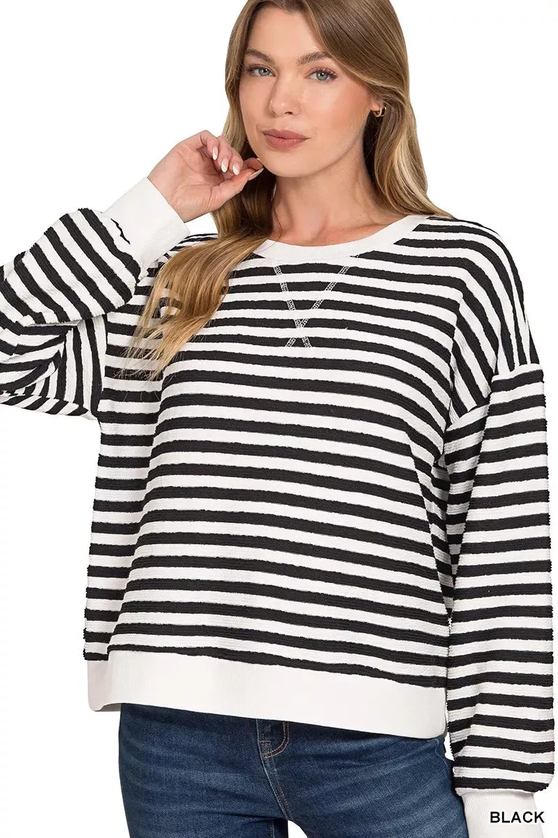 Zenana Striped Round Neck Sweatshirt sold by Charming Charlie