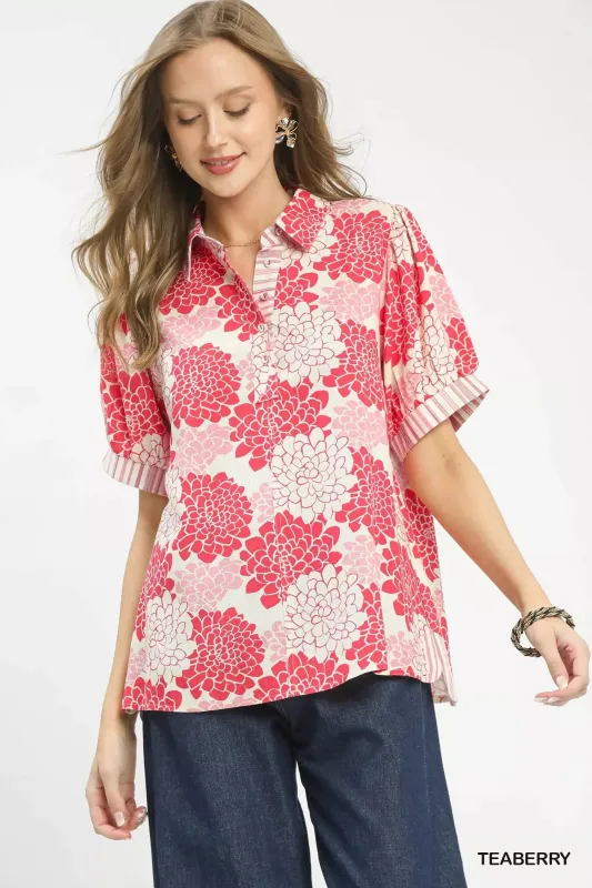 Umgee Floral Collared Short Sleeve Blouse sold by Charming Charlie