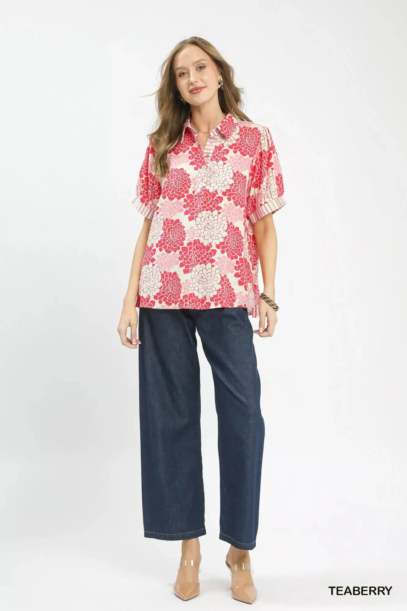 Umgee Floral Collared Short Sleeve Blouse sold by Charming Charlie product image thumbnail 5