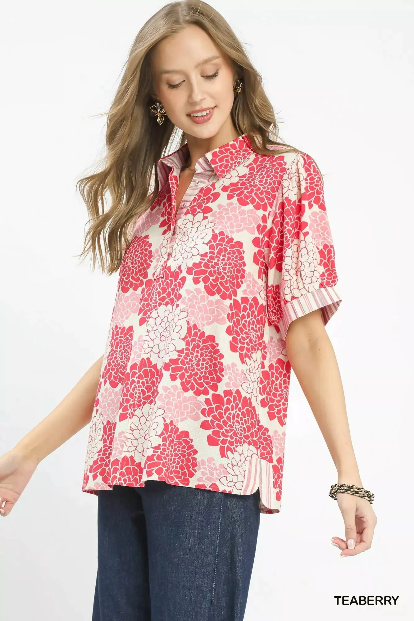 Umgee Floral Collared Short Sleeve Blouse sold by Charming Charlie product image thumbnail 2
