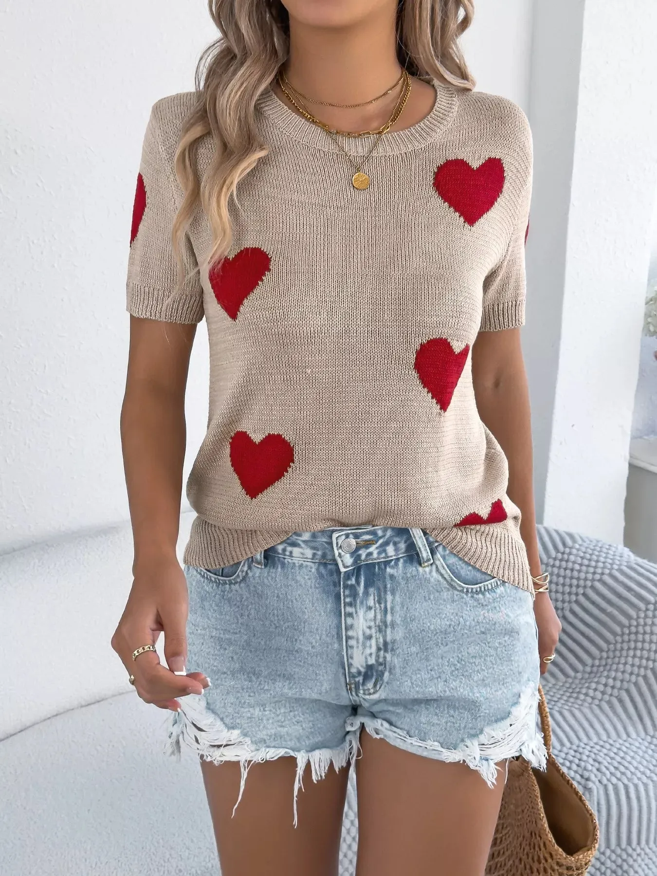 Heart Pattern Round Neck Short Sleeve Sweater sold by Charming Charlie product image thumbnail 5
